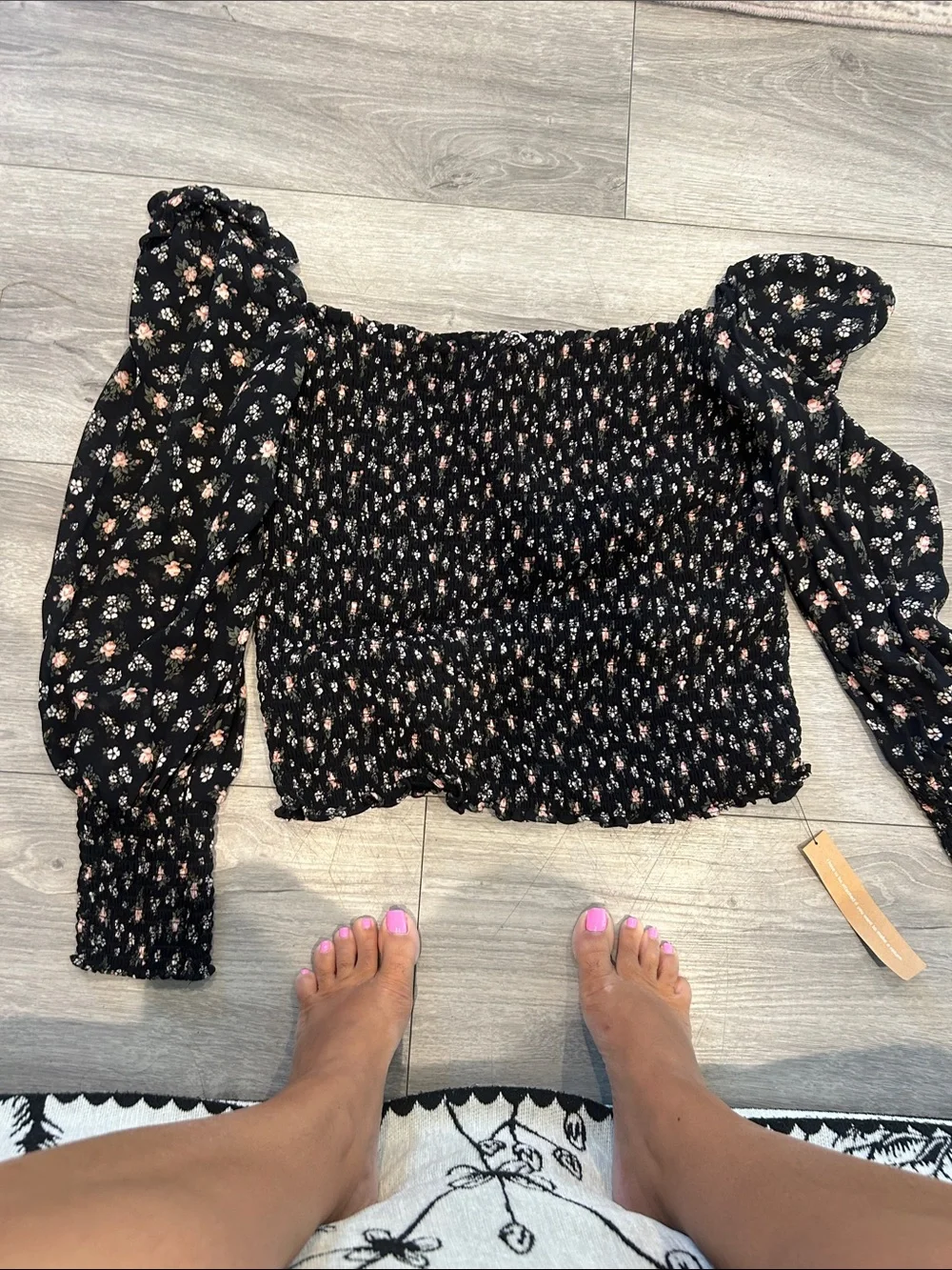 NWT Reformation Pinto Smocked Black Floral Print Square-Neck Top Sz 1X
